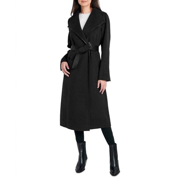 NEW T TAHARI juliette double face faux leather trim belted  wool coat black in b - Picture 2 of 4